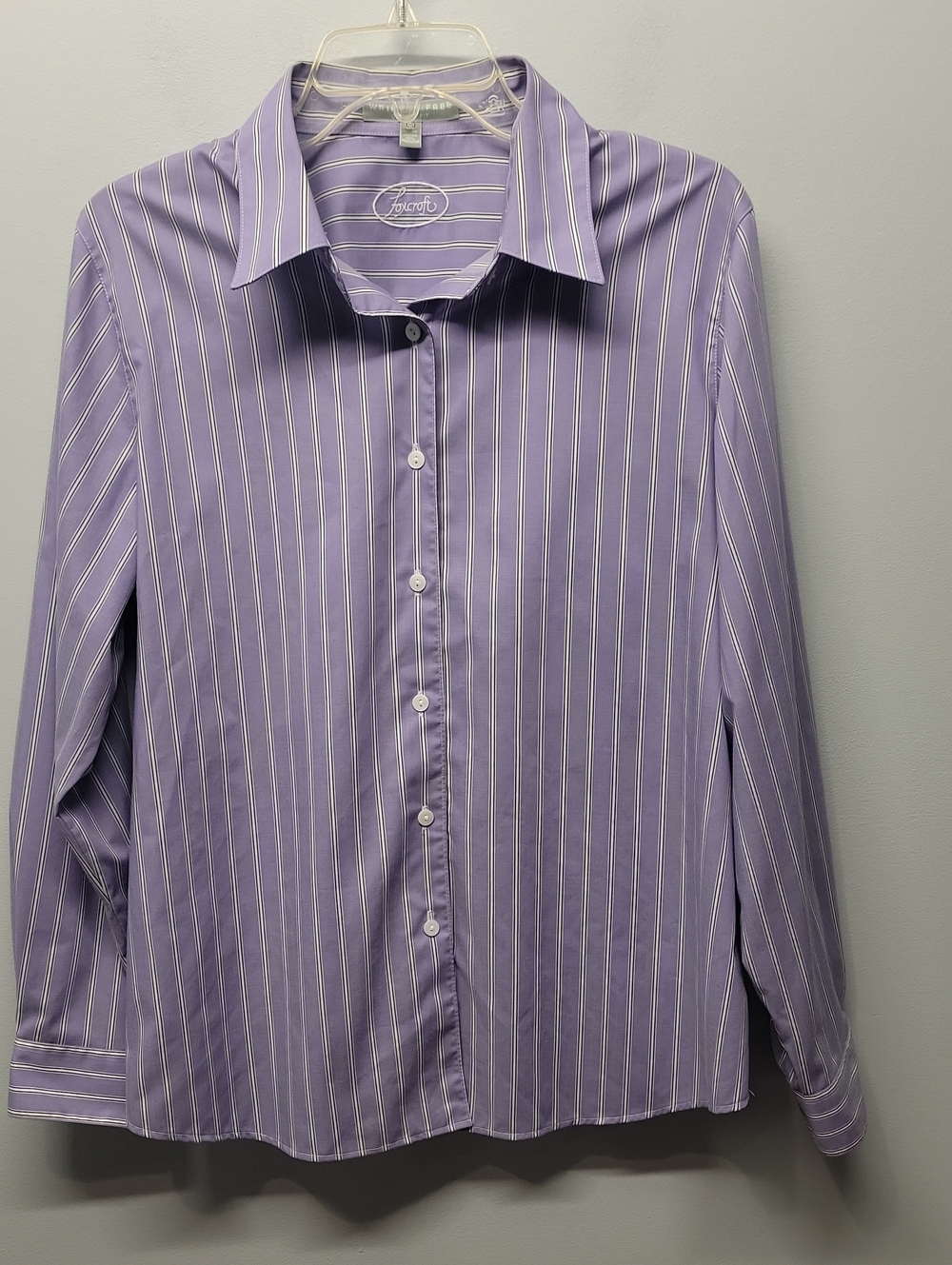 Foxcroft cotton wrinkle free shaped fit purple striped button down shirt
